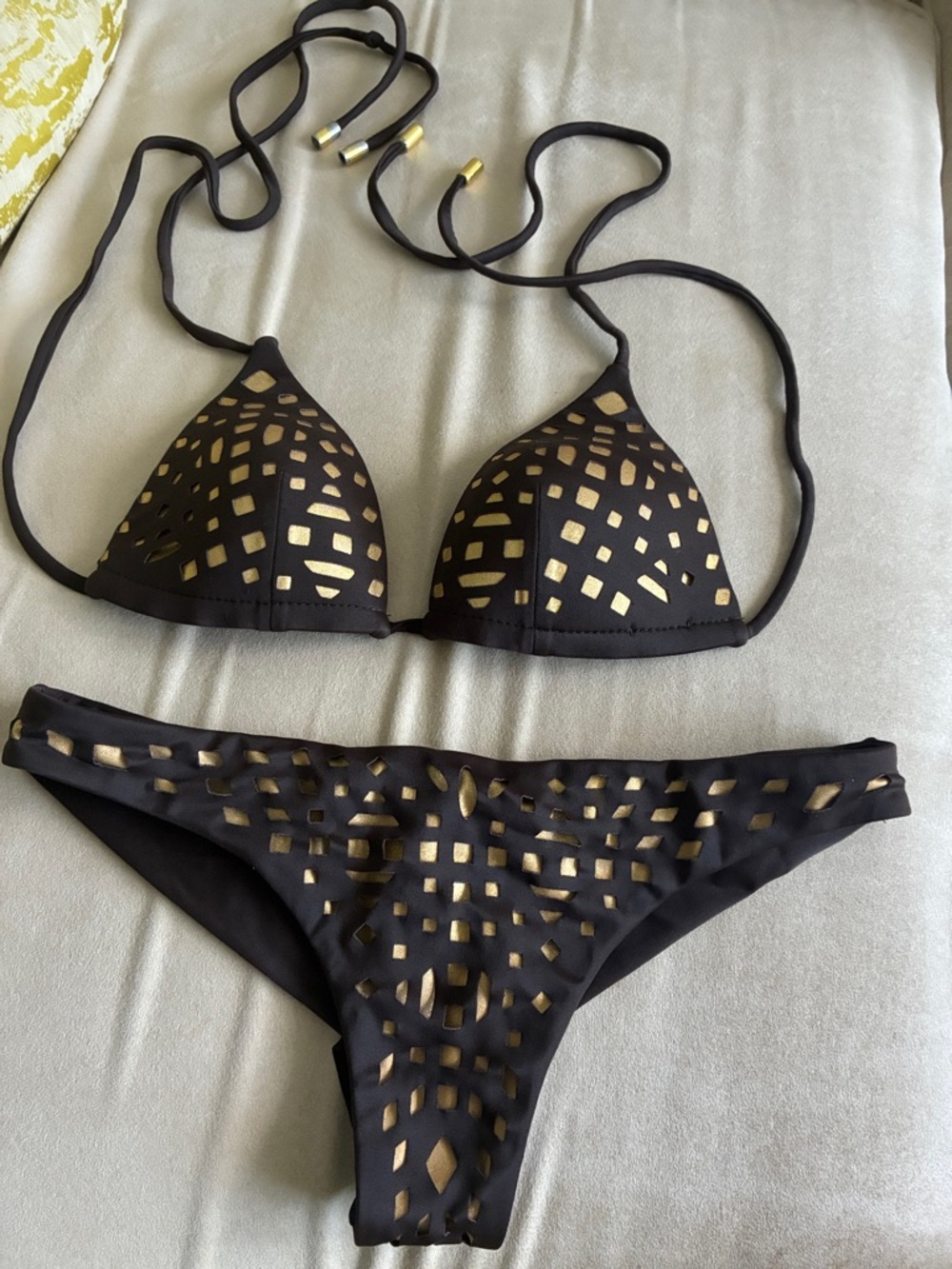 Chocolate brown & Gold Laser Cut Triangle Bikini Set by Calzedonia